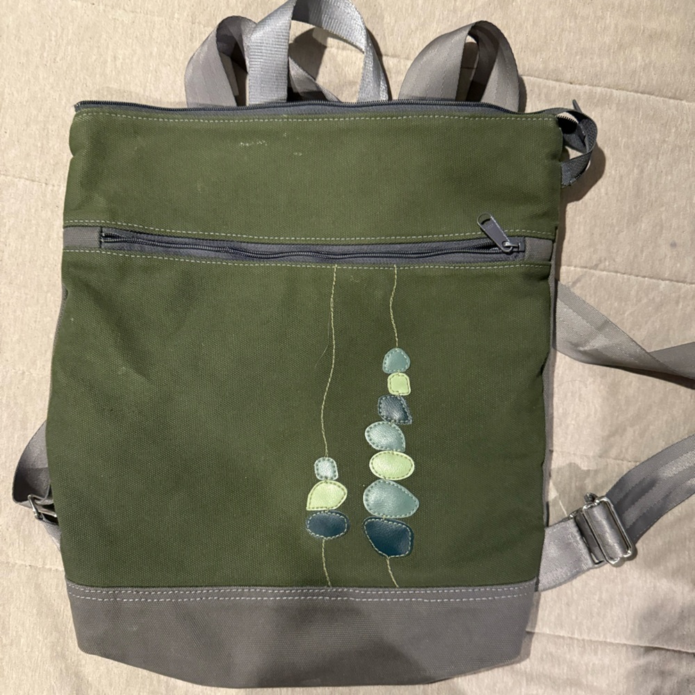 Queen Bee by Rebecca Pearcy Green and Gray Backpack with Embroidered Cairn